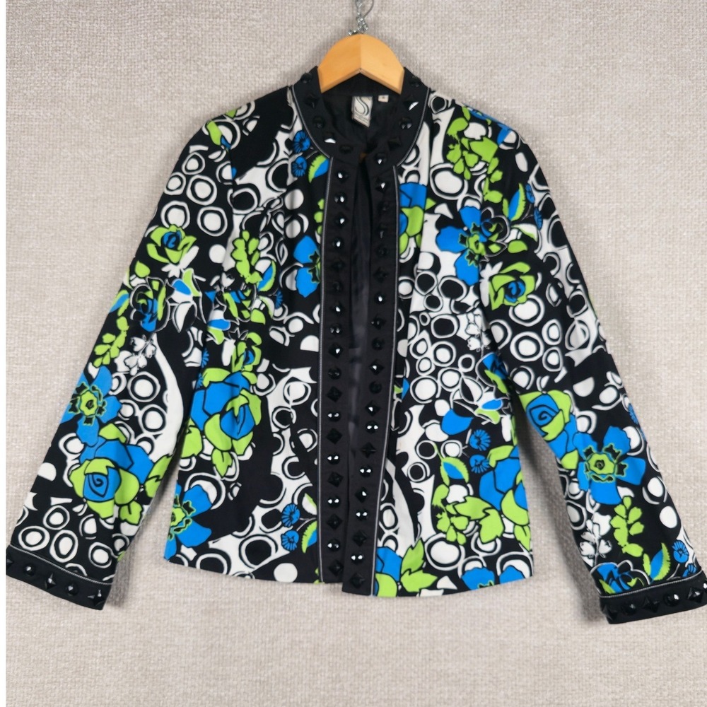 VTG Silk Land Collection Floral Jacket S Beaded Trim Art to Wear Mod Psychedelic
